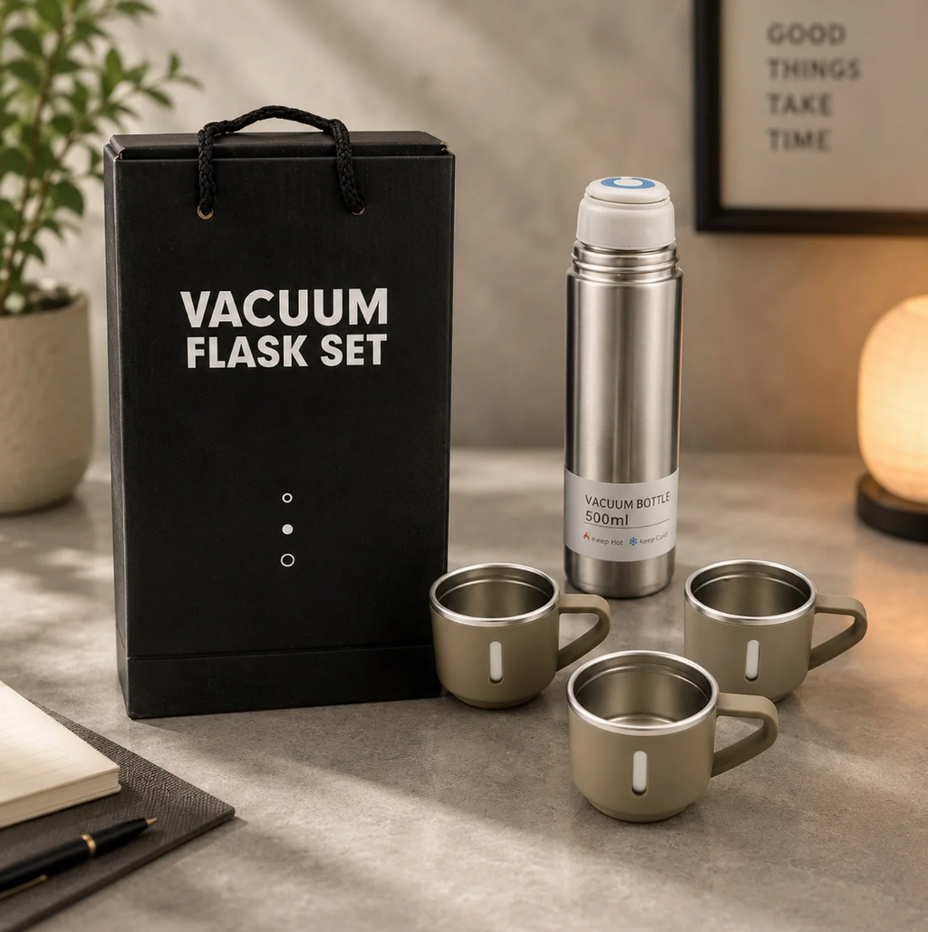 Stainless Steel Vacuum Flask Gift Set – 500ML with 3 Steel Cups